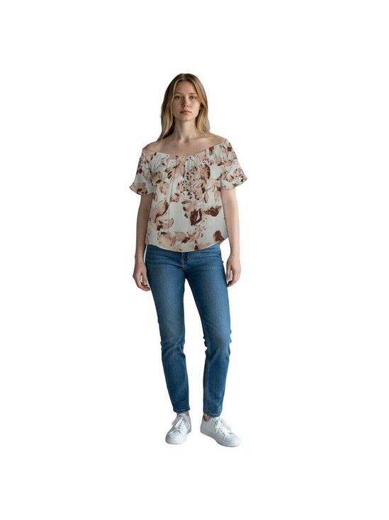 Knox Rose Tops - Knox Rose Womens Off-Shoulder Floral Beige Pink Short Sleeve Blouse Medium